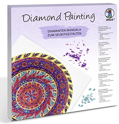 Ursus 43520004F - Diamond Painting Mandala Set 4, Bastelset mit Steinchen in gelb, lila und pink, 1 Leinwand 30 x 30 x 1,5 cm
