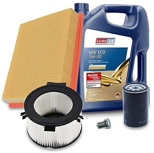 BESTPRICE Inspektionspaket Filterset mit 1x Ölfilter; 1x Luftfilter; 1x Innenraumfilter; 1x Ölablassschraube mit Dichtring; 1x Motoröl 5W-30 EUROLUB 5 l