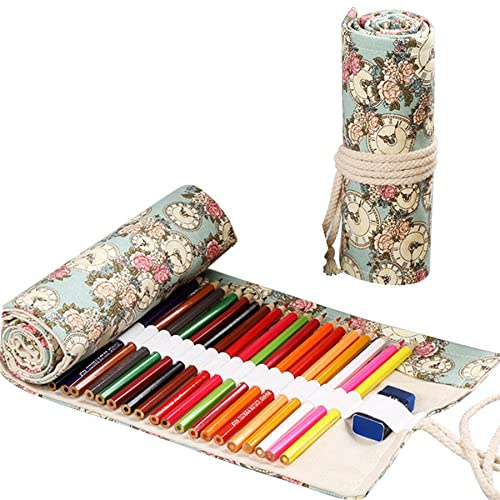 Ouceanwin Leinwand Pencil Wrap, Stifterolle 72 Löcher Buntstifte Federmäppchen Tragbar Verpackungshalter Bleistift Wrap Mäppchen Rollentasche Bleistifthalter für Künstler Schule Büro