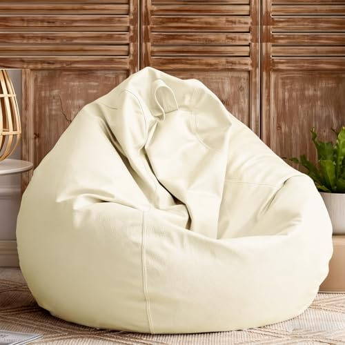 SXBCyan Bean Bag Cover (No Filler) Faux Leather Waterproof Lazy Bean Bag Chair Outdoor Beanbag Couch Puff(White,100CM)