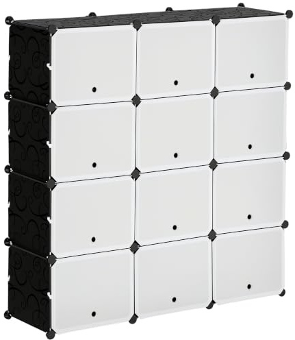 HOMCOM DIY Regalsystem Stapelbar 12 Würfeln 125x32x125 cm Schwarz+Weiß | DIY-Würfelregal, Schuhregal, Aufbewahrungsregal, Bücher-Standregal, Kleiderschrank, Spielzeug Schuhe, Kunststoff Stahl