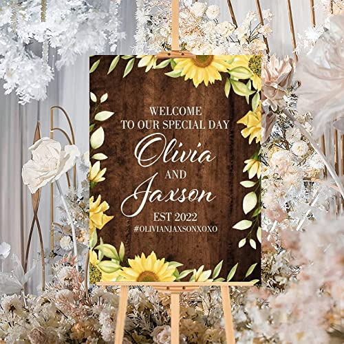 Sonnenblume, braunes Holz, personalisiertes Hochzeitsschild, luxuriöses Hochzeitsschild, Willkommensschild, rustikales Holz, Hochzeitsempfang, Empfang, für Verlobung, Jahrestag, Feier, Party,