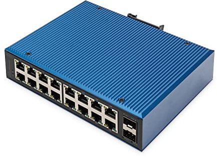 DIGITUS commutateur de réseau - 18 Ports Gigabit Ethernet - 16x RJ45 + 2X Ports SFP - Non géré - 10/100/1000 Mbit/s - Rail DIN et Montage Mural - IP40 - série Industrielle - Bleu