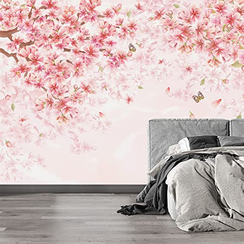 Vlies Fototapete Rosa Blume Schmetterling 3D Effekt Vlies Tapeten Wandtapete XXL Moderne Wanddeko Wohnzimmer Schlafzimmer Büro Flur 450 cm B x300 cm H