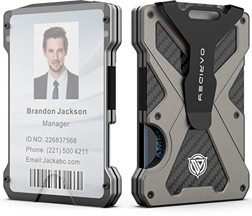 Minimalist Wallet for Men- Slim Aluminum Metal Money Clip Wallet with Clear ID Card Holder, Carbon Fiber Wallet, RFID Blocking, Holds up 15 Cards with Cash Clip, Ultra-Thin Tactical Wallet- Gunsmoke