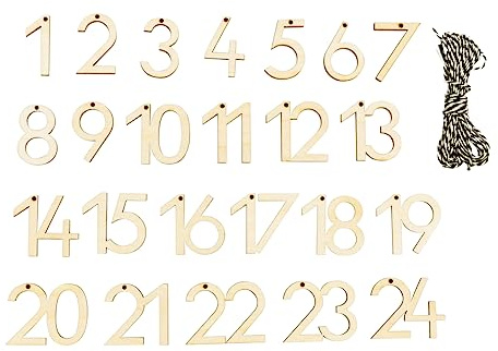 Rayher Adventskalenderzahlen Holz, Zahlen 1 - 24, Höhe 3 cm, + Jutekordel 3,5 m, Holzzahlen für Adventskalender, FSC zertifiziert, 46723505, Natur