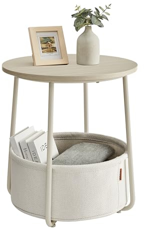 VASAGLE Beistelltisch rund, Kleiner Tisch, Couchtisch klein, Wohnzimmertisch, Korb aus Stoff, Stauraum für Wohnzimmer Schlafzimmer, Nachttisch modern, naturbeige-cremeweiß LET223K67