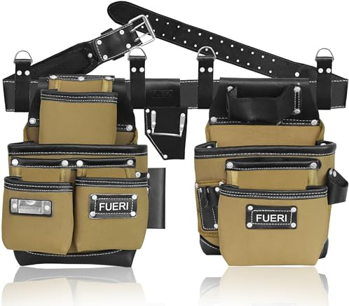 FUERI Werkzeuggürtel aus Nylon und Leder für Herren, robustes Werkzeugtaschen-Set mit 2 Taschen, Zangenhalter, Schaumstoff gepolsterter Arbeitsgürtel und 4 Strapsschlaufen für Rahmen, Tischler,