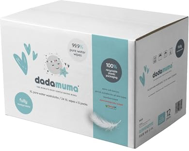 Dadamuma - 99.9% Pure Water XL Washcloths (12 x 24 wipes), Natural Ingredients, Large Body Wipe, Dermatologically Tested, Plastic-Free, Biodegradable, Rinse Free. Ideal for Camping, Post-surgery