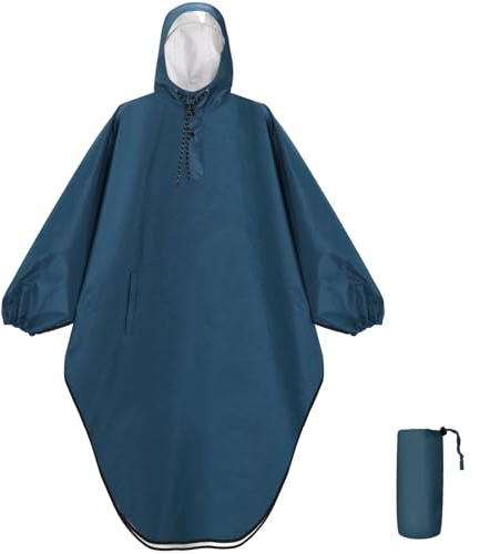 ANYOO Wasserdichter Regenponcho Regenjacke mit Kapuze für Damen und Herren, Leichter und Winddichter Regenmantel mit Ärmeln für Outdoor Wandern, Radfahren, Meeresblau, Einheitsgröße, 1 Tasche