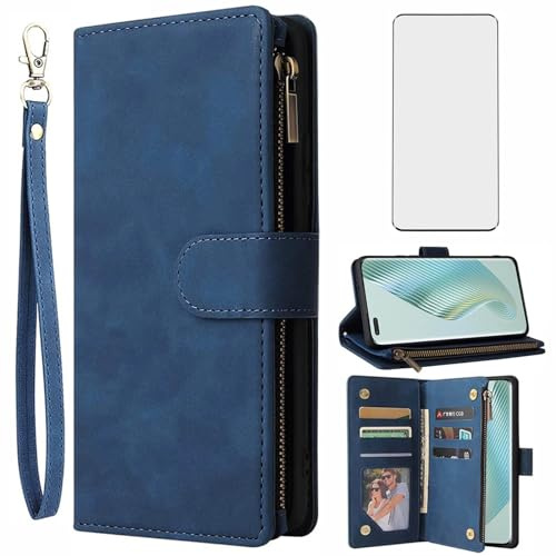 Asuwish Kompatibel mit Huawei Honor Magic 5 Pro 5G, Brieftaschen-Hülle, gehärtetes Glas, Displayschutzfolie und Flip-Cover, Kartenhalter, Handyhüllen für Hawaii Magic5 Pro Magic5Pro, Damen und Herren,