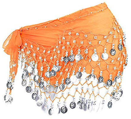 Bauchtanz Hüfttuch Damen Gürtel Tanztuch mit Münzen für Bauchtanz WahrsagerinKostüm Bauchtanz Kostüm Hüfttuch Rock Bauchtanz Münzgürtel Tanztuch Karneval Kostüm Belly Dance (2-Orange, One Size)