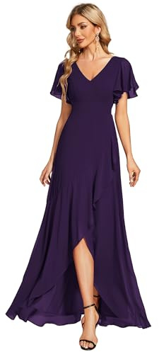 Ever-Pretty Robe de Soirée Longue Col V Manches Courtes Robe Ceremonie Femme Violet Foncé 38