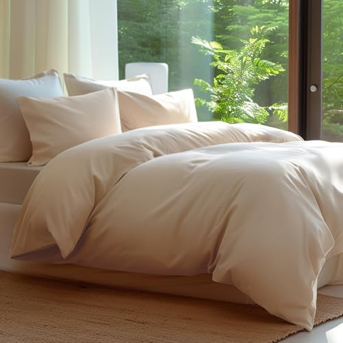 Double Stitch Cotton Tencel Duvet Cover Queen - Cooling Duvet Cover Set Queen Size, Crisp, Breathable & Smooth for Hot Sleepers, Luxury Hotel Collection Bedding Set, 90 x 90, Sandstone