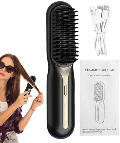 galeyyu Cepillo alisador de cabello inalámbrico, portátil con 3 configuraciones de calentamiento, cerámico, sin cables, negro