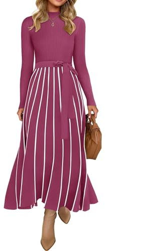 ZESICA Womens 2026 Spring Turtleneck Long Sleeve Sweater Dress Tie Waist Casual Loose Ribbed Knit A Line Midi Dresses Eggplant Large