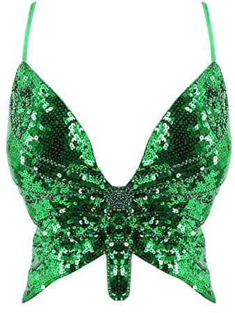 Glitzer Oberteile Damen Kostüm Bauchtanzkostüm Sexy Karnevalskostüme Pailletten Y2k Costume Outfit Korsage Schulterfrei Schmetterling Bauchfreies Karneval BH Klamotten Tops