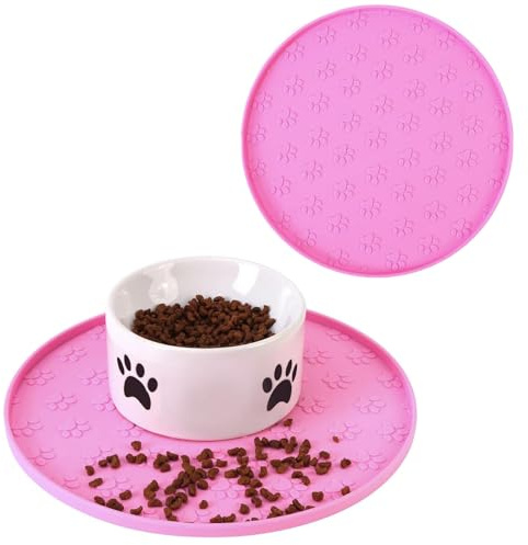Hundenapf Matte mit Erhöhtem Rand, Verdickter Silikon, Wasserdicht, rutschfest, Hundeabdrücke,28x28 cm (2er-Pack Rosa, 28X28 cm)