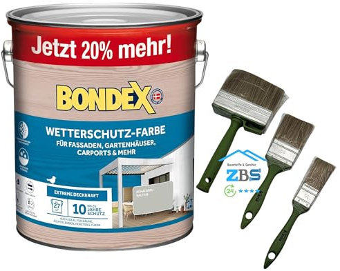 zbs24 Bondex Wetterschutzfarbe für Außen, atmungsaktiv, bis zu 10 Jahre Wetterschutz, extreme Deckkraft, einfache Verarbeitung, für Holz, inkl. 3-teiliges Pinselset (achatgrau RAL7038, 3 Liters)