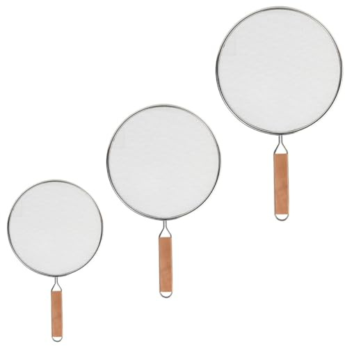 Naisfei 3 Pcs Splatter Screen for Frying Pan,9.8 11.4 13 Stainless Steel Fine Mesh Oil Splatter Guard, Splatter Guard with Wood Handle, Grease Splatter Guard for Cooking to Prevent Oil Splatter