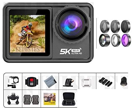 HPHPH Action Camera, Action Camera 5K 4K 60FPS EIS Interchangeable Lens 48MP Zoom Electronic Stabilizer Camera Action Camera For Vlog,Outdoor, Sports, Video(32G,Action Camera 5K B)