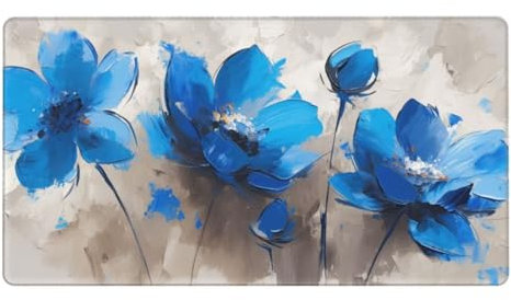 Gaming Mauspad XXL,900 x 500 x 3mm Mousepad Verlängertes Groß Mauspad Schreibtischauflage,Genähte Kanten Rutschfeste Gummibasis,Verbessert Präzision und Geschwindigkeit Home Office Blaue Blumen L-2857