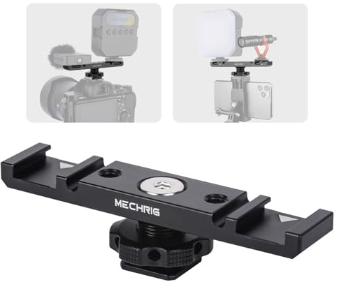Mechrig Dual Cold Shoe Extension Bar Mount, Aluminum Dual Hot Shoe Mount Bracket with 1/4 Thread & Cable Slot, Cold Shoe Bracket for DSLR Camera LED Video Light Microphone Monitor (62034)