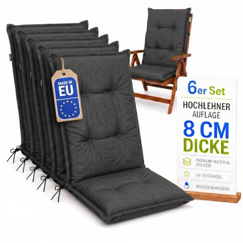 Pillows24 - Hochlehner Auflagen 6er Set - 120x50cm – 8cm Dick - Premium-Material 200gsm, UV- & Wasserabweisend | Sitzauflagen Hochlehner | Sitzkissen Gartenstuhlauflagen für Gartenmöbel | Graphit