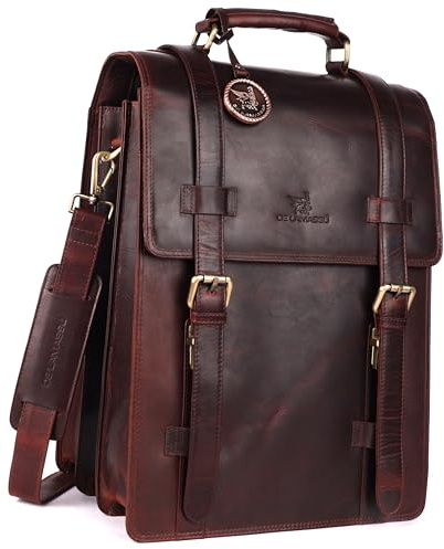 DE LAMASSU® Adrian Laptoptasche aus Leder – 2-in-1 Rucksack & Schultertasche – für Laptops bis 17 Zoll – Business – mit Schnallenverschluss & Geschenkverpackung (Braun)