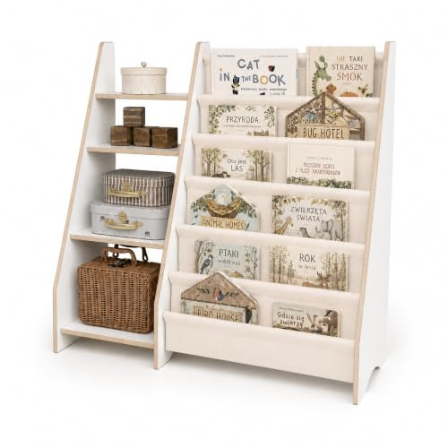 MAMOI® Bücher- und Spielzeugregal für Kinder, funktionales 2-in-1-Regal, Organizer mit Ablagen und Stofftaschen, Kinderbibliothek, Möbel im Montessori-Stil, 100% ökologisch, hergestellt in der EU