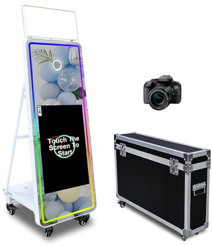Cabine photo miroir avec écran tactile de 43, appareil photo reflex numérique avec logiciel d'éclairage RVB et étui de transport pour location d'événements et de fêtes (cabine photo + caméra)