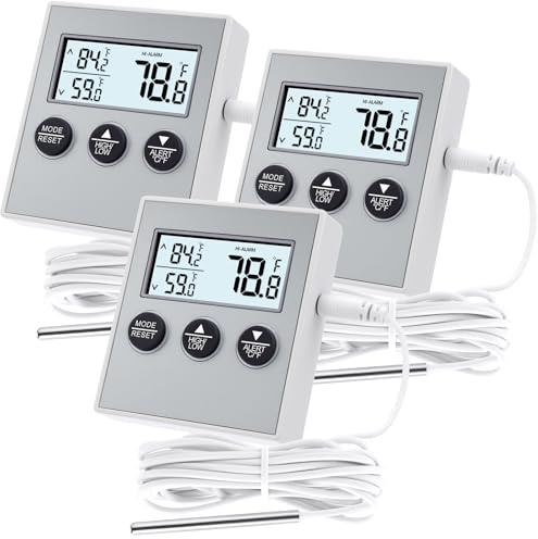 Relaxweex 3 Pack Refrigerator Thermometer Freezer Alarm Digital Thermometer with Sensor, High and Low Alarm Memory Function for Freezer Fridge Kitchen Aquarium(White)