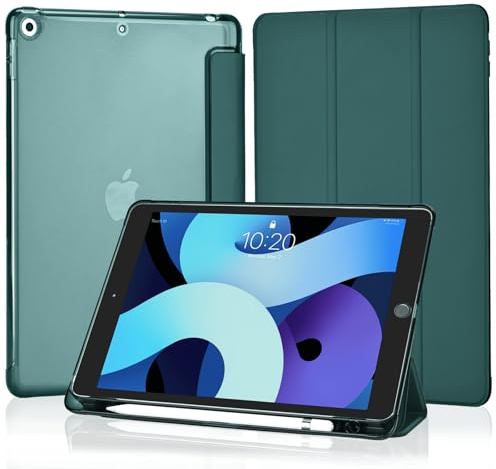 4UBonLife Cover Per iPad 9a/8a/7a Generazione 10,2 Pollici 2021/2020/2019 con Portapenna, Custodia Protettiva Sottile con Retro Rigido Traslucido Guscio Case per iPad 7/8/9, Verde Notte