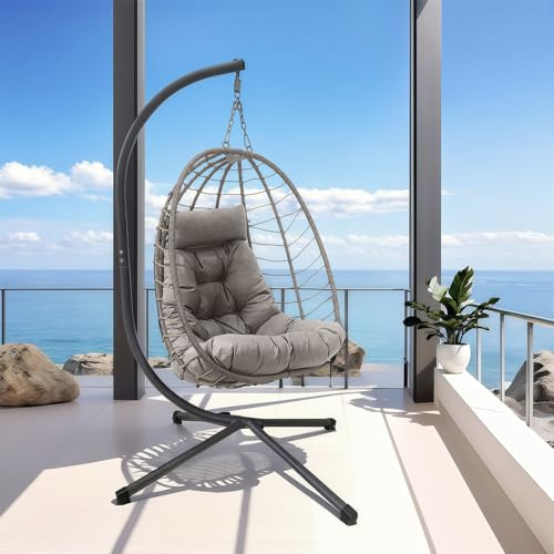 XLRUISEN Foldable Egg Chair Outdoor with Stand, Indoor Wicker Hanging Egg Swing Chair with Cushion, 350lbs Capacity for Patio, Bedroom, Garden - Light Gray