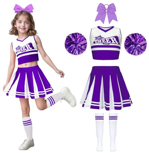 Wuzfully Costume de pom pom girl avec pompons et bandeau pour cheveux Uniforme de pom pom girl Carnaval Anniversaire Halloween Cosplay Fêtes, 3-15 ans