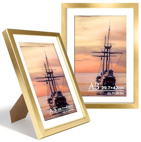 FOSER Bilderrahmen A3, 2 Stück, Versatile Neuer Bilderrahmen Gold, mit Wandhaken für Wand (Gold, A3(29,7x42cm) / 2x)