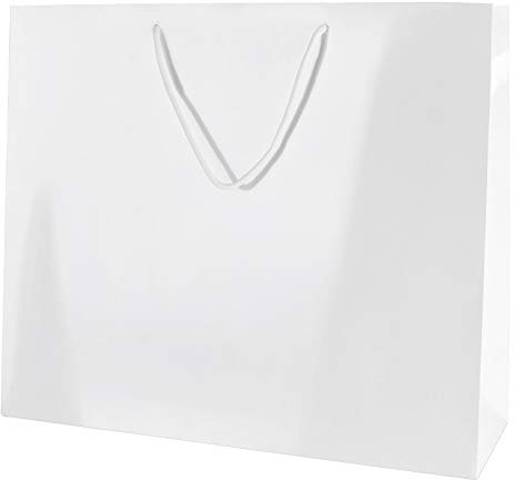 Thepaperbagstore 10 vita lyxiga glanslaminerade papperspåsar med snörhandtag – stora 410 × 130 × 320 mm