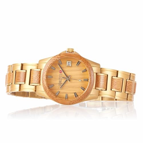 Bonizetti Damur ZUGSPITZE träur brunt guld diameter 3,9 cm armbandsur, träarmband, bambu, naturmaterial, materialblandning, analog, kvartsurverk, lättvikt