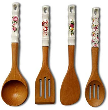 Cuchara de madera de haya con diseño de flores chinas, 4 unidades, con agujero para colgar, espátula y mango de cerámica