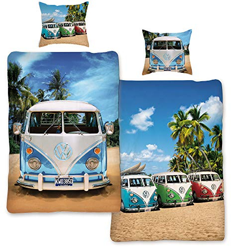 VW Volkswagen Bulli Bettwäsche Life 135 cm x 200 cm + 80 cm x 80 cm VW-Bus T1 100% Baumwolle in Renforcé-Linon-Qualität Camper Van Retro Beach Surfen Bus Wendebettwäsche Reißverschluss Motiv 062