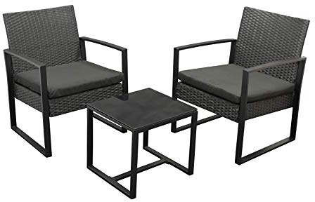 DEGAMO Sitzgruppe Malta 3-teilig (2X Loungesessel, 1x Beistelltisch 42,5x40cm), Gestell Stahl schwarz + Polyrattan schwarz, mit Polstern