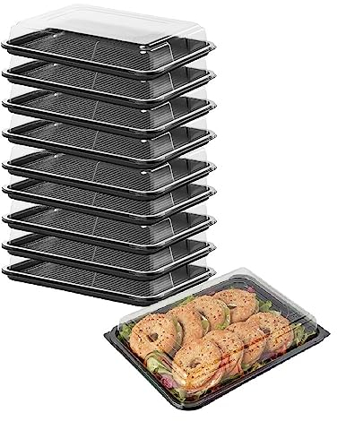 Caterline 10 x Medium (390mm x 290mm) Sandwich Platters with Lids | Black Base Catering Trays & Clear Lids for Party Food & Buffets. Reusable & 100% Recyclable