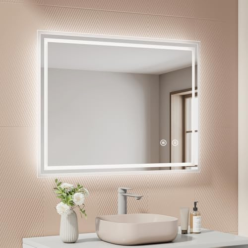 EMKE LED Badspiegel 90x70cm Badezimmerspiegel mit Beleuchtung kaltweiß Lichtspiegel Wandspiegel mit Touchschalter + beschlagfrei IP44 energiesparend