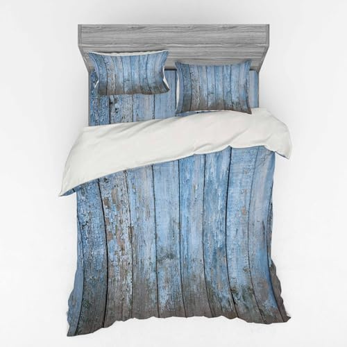 Ambesonne Fence Bedding Set, Old Painted Rustic Wooden Planks Vintage Naturally Weathered Destruction, 4 Piece Duvet Cover Set with Shams and Fitted Sheet, California King, Pale Azure Blue Dust
