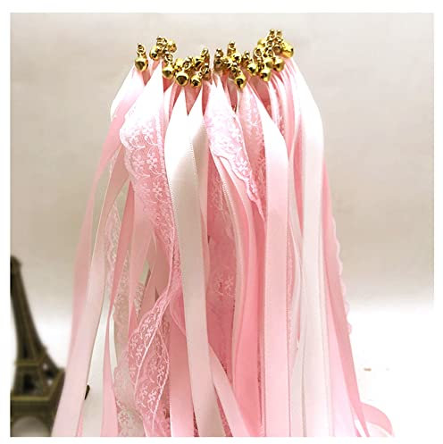 Egurs 30 Stück Wedding Wands Spitzen Fee Stick mit Weiß Spitzen Zauberstäbe mit Band Glocken Luftschlangen Seide Feenstab Seidenfee Stab Rosa + Weiß + Rosa Spitze