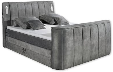 Stella Trading Dallas 6 Boxspringbett 180x200 mit Bettkasten, Grau - Bequemes Doppelbett mit motorisierter TV-Halterung & LED-Beleuchtung - 186 x 126 x 244 cm (B/H/T)