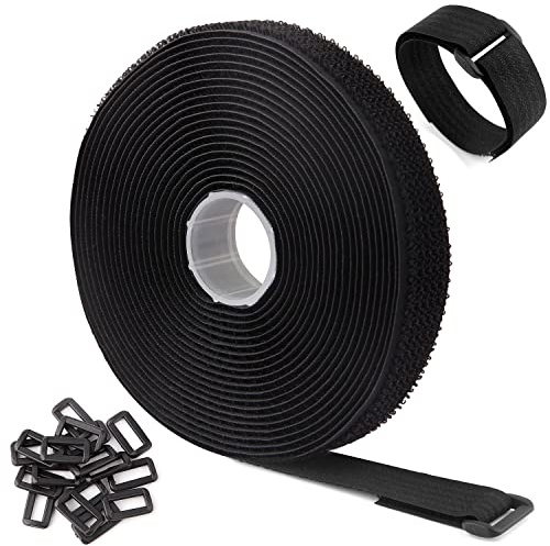 WSZJINB 16Ft x 1In Adjustable Cable Straps with 25 Buckles, Free Cut Length, Black Reusable Fastening Cable Ties, Hook and Loop Securing Strap for Cable Tidy, Wire Management, Cord Organiser, Black