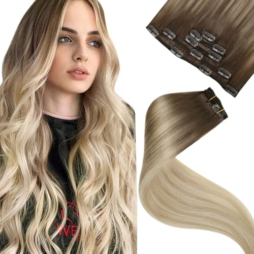 LaaVoo Extension Capelli Veri Clip, Balayage Marrone Chiaro a Biondo Platino e Biondo Sporco, 50cm 80g, Capelli Umani, Setosi e Lucenti, per Look alla Moda, 5pcs Colore 8-60-18