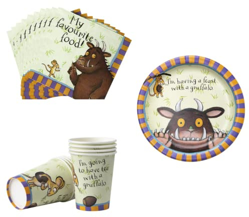 Gruffalo Party Tableware Set for Party Decorations | Disposable & Eco-Friendly Pack of 8 Cups and Plates, 16 Napkins | Suitable for Children’s Birthday Parties,
