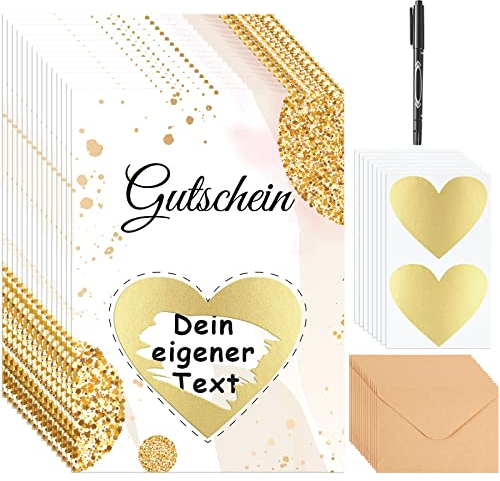 Tenare 15 Rubbelkarten Gutscheine zum Selbermachen - Set mit 15 Gutscheinkarten, 15 Rubbelaufklebern in Herzform, 15 Umschlägen & 1 Marker - Für Geburtstag, Weihnachten & Party, DIY Heißprägung